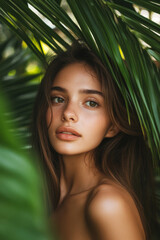 Beautiful girl, elegantly posing in front of palm leaves, her glowing complexion contrasting against the vibrant green foliage.
