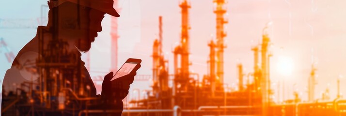 A double exposure image of an engineer using a smartphone, overlaid with an oil refinery, representing modern life, engineering, construction, and IoT with copy space