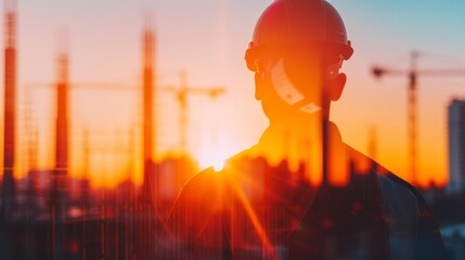 Silhouette of construction worker looking at sunset over a city skyline.