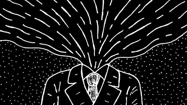 White wiggly hand drawn fluid explosion flow head man in suit doodle on alpha