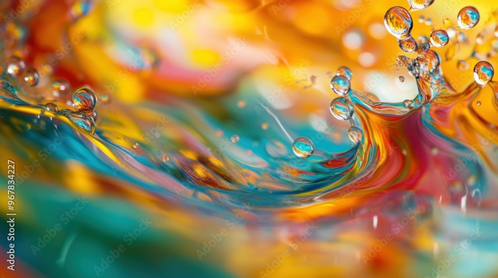 Poster a vibrant swirl of colorful liquid with bubbles, creating a dynamic and artistic visual effect.