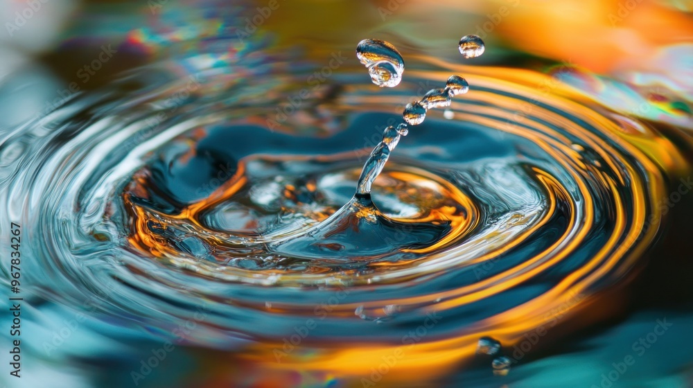 Poster a close-up of water droplets creating ripples on a colorful surface.