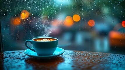 Obraz premium A steaming cup of coffee on a small café table, the window streaked with raindrops, soft reflections on the glass, moody lighting inside creating a cozy, tranquil scene,