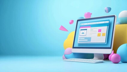 Computer monitor made of pastel flowers with minimal background