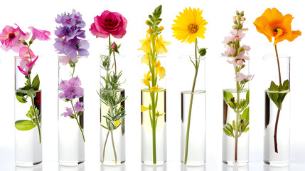 Medicinal flowers and herbs lined up in glass vials on a cropped white background,herbal medicine flowers in bottles for herbal medicine on white