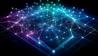 Abstract geometric design featuring a network of illuminated translucent lines forming interconnected shapes. The vibrant hues of blue purple and green create a dynamic glow against a dark background