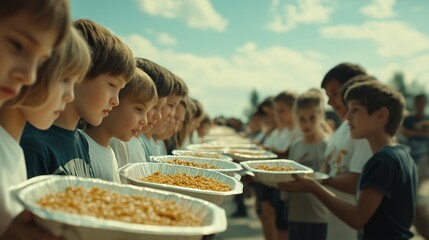A diverse group of children volunteers distributing food to earthquake survivors under a blue sky