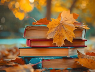 A stack of books with an autumn leaf on top, surrounded by fallen leaves.