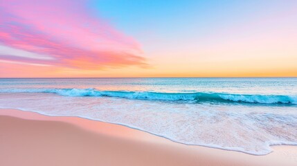 Obraz premium A serene beach at sunset, with vibrant orange and pink skies, and gentle waves lapping at the shore