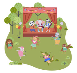 Animal band vector illustration. Celebrate natures rhythms with wildlife concert, musical extravaganza in heart zoo The animal band concept transforms zoo into lively concert
