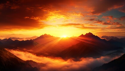 Fototapeta premium A serene mountain landscape at sunrise, with mist covering the valley and golden light touching the peaks