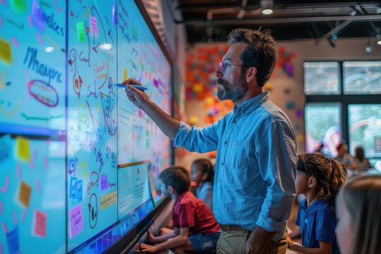 A teacher uses a digital board to illustrate concepts while engaged students observe in an interactive classroom setting.