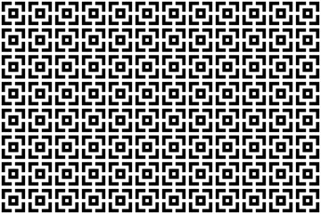 A striking symmetrical geometric pattern in black and white, featuring interconnected square shapes forming a repetitive and uniform grid. This design is ideal for architectural motifs, modern graphic