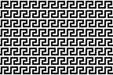 A classic black-and-white geometric pattern featuring a continuous, repeating Greek key or meander design The pattern consists of interconnected right-angled lines forming a series of repeating square