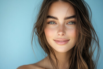 Fototapeta premium Close-up of an attractive young woman with radiant skin and natural makeup, smiling softly. Her long brown hair flows in loose waves over her shoulders, set against a light blue background.