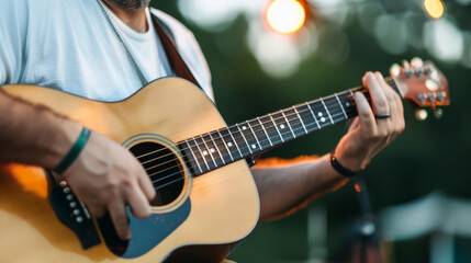 Obraz premium Close-up of a hand playing an acoustic guitar outdoors.