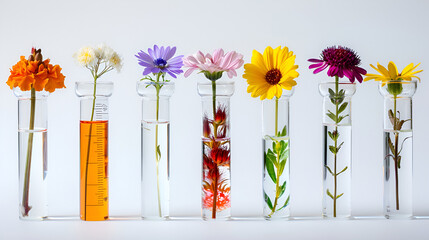 Medicinal flowers and herbs lined up in glass vials on a cropped white background,herbal medicine flowers in bottles for herbal medicine on white