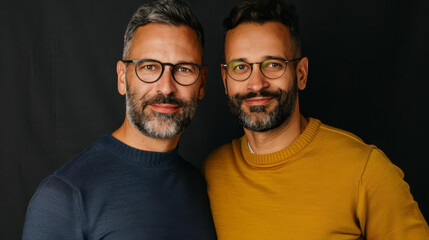 Obraz premium Two men with beards and glasses smiling at the camera.
