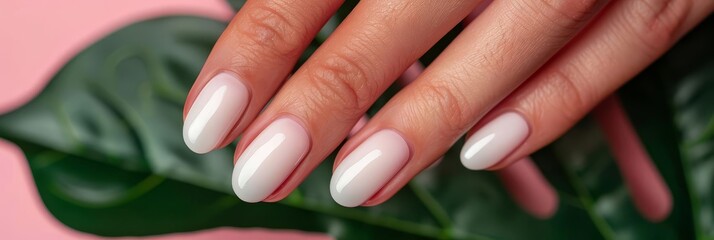 Close-up of a hand with white nail polish on green leaf background.