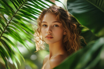 Fototapeta premium Elegant girl, standing in front of lush palm leaves, her beauty enhanced by the natural green backdrop.