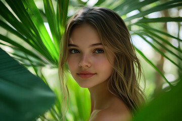 Fototapeta premium Elegant girl, standing in front of lush palm leaves, her beauty enhanced by the natural green backdrop.