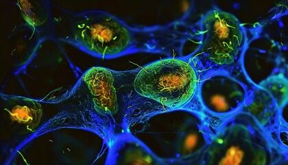 Obraz premium Human cell or Embryonic stem cell microscope background. Microscopic view of cells undergoing genetic modification
