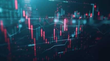 digital illustration presents a vibrant financial trading interface with glowing candlestick charts in red and green, set against a dark background, ideal for tech and investment content.