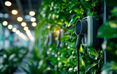 An eco-friendly office with electric charging stations and solar-powered lights, symbolizing the move towards carbon neutrality