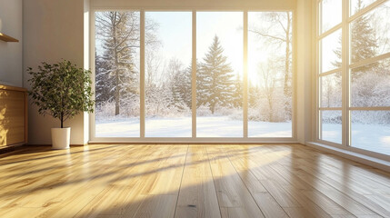 An empty living room with a beautiful wooden floor and large window with a winter landscape view