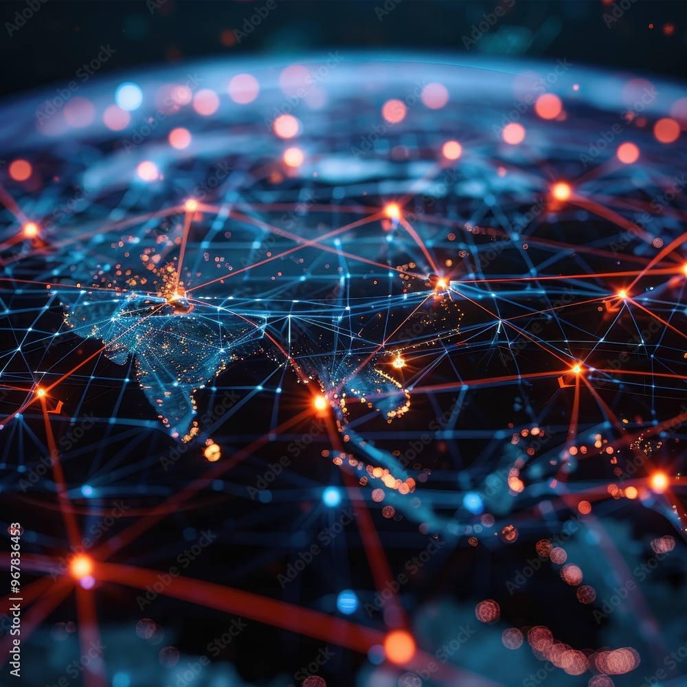 Poster a stylized digital globe with glowing red lines representing global connections and data transfer.