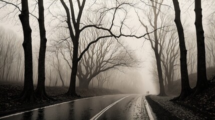 Obraz premium Generative AI, Black and White Rainy Road with Bare Trees and Mist: A Quiet and Mysterious Scene of Nature and Stillness