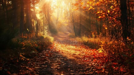 Fototapeta premium A sunlit path winds through a vibrant autumn forest, dappled with warm light and fallen leaves.