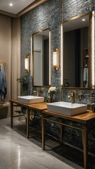A spacious, well-lit bathroom showroom displaying elegant tile and mirror designs.