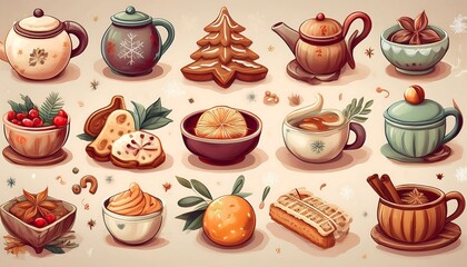 Comforting Winter Food and Drink Icons - set of icons with comforting winter foods and drinks like a bowl of soup, a teapot, a slice of pie, and gingerbread cookies. Graphic art illustration