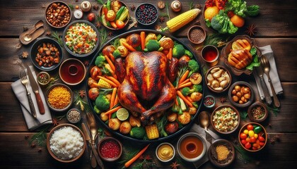 Fototapeta premium Overhead View of a Delicious BBQ Feast with Freshly Grilled Chicken
