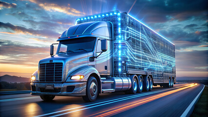 A futuristic truck adorned with glowing blue lights travels on a deserted highway at dusk. The vehicle’s illuminated design elements highlight advanced technology and innovation.AI generated.