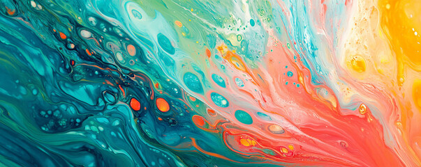 Liquid paints in bright, tropical colors of turquoise, coral, and lime green, swirling with a glossy texture that evokes a lively, summery vibe.