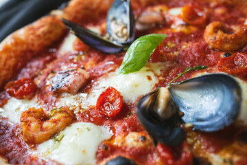 Frutti di Mare Pizza Close-Up of Gourmet Seafood Pizza with Fresh Mussels, Shrimp, and Basil