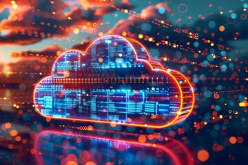 Abstract cloud computing concept with glowing digital data.