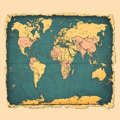 Vintage world map illustration with a textured background, showcasing countries in a retro color palette.
