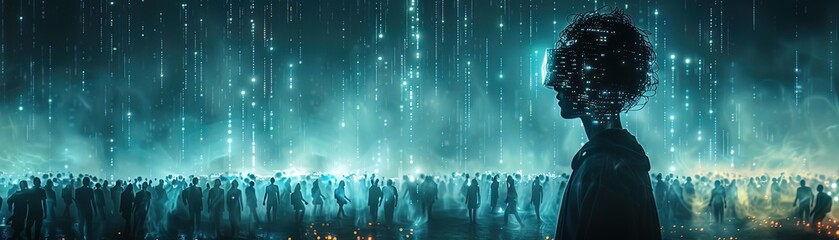 In a digital exodus, Cyborg Moses ushers a vast crowd through a shimmering sea of code
