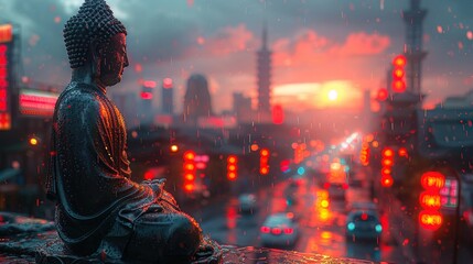 In a dystopian future, a cyborg Buddha stands at a crossroad, neon signs flickering, conveying peace
