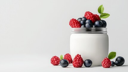 White Jar Full of Raspberries and Blueberries