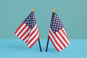 Obraz premium Independence Day celebration banners set 4th of July greeting cards with waving American national flag on a blue background USA patriotic holiday