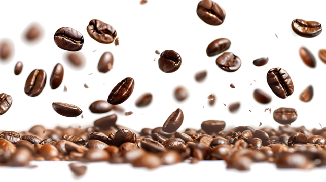 coffee beans falling, insolated o n withe