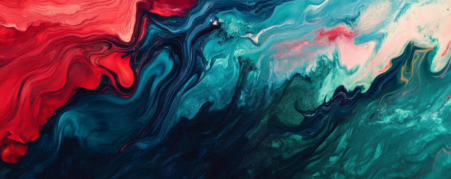 Liquid paints in rich jewel tones of ruby red, emerald green, and sapphire blue, flowing together with a smooth, velvety texture that gives an opulent feel.