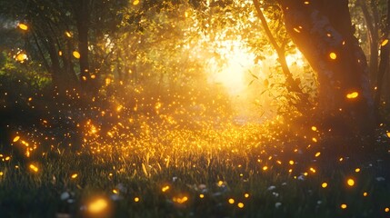 Enchanted Forest with Fireflies at Sunset