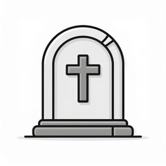 Fototapeta premium Minimalist Black and White Tombstone Icon with Cross and Grass Details, Symbolizing Mourning, Death, and Remembrance in Simple Line Art Halloween Design