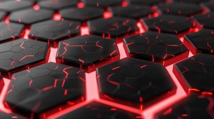 Obraz premium Abstract geometric pattern of black hexagons with red glow.