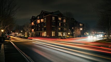 Nighttime street scene with light trails from vehicles near a residential building.